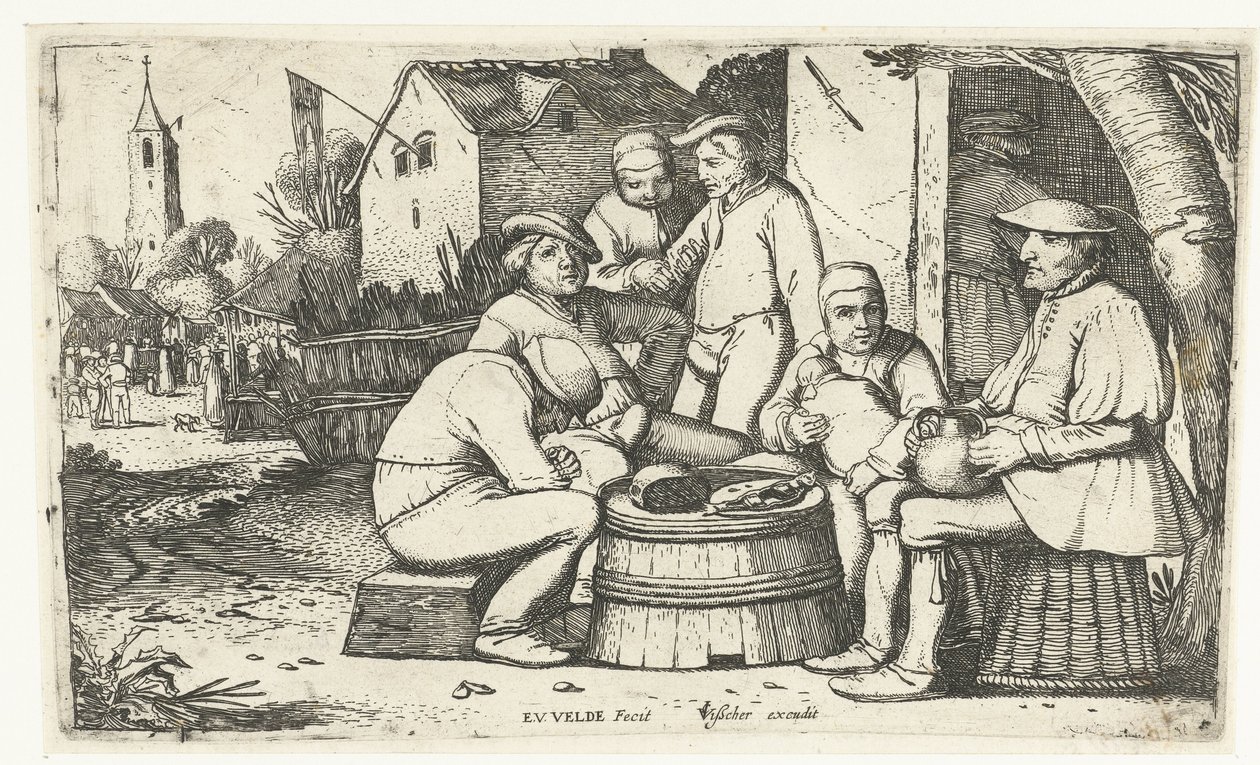 Six Farmers Sitting Around a Barrel at an Inn by Esaias van de Velde