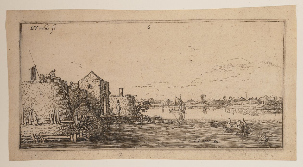 Walled Town, Left of a River, from Landscapes by Esaias van den Velde I