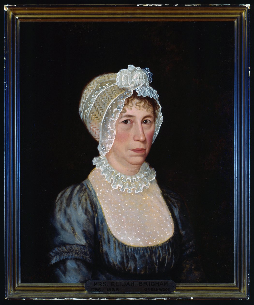 Half length portrait of Sarah Ward Brigham wearing a lowcut dress with lace detail, and a lace bonnet by Ethan Allen Greenwood
