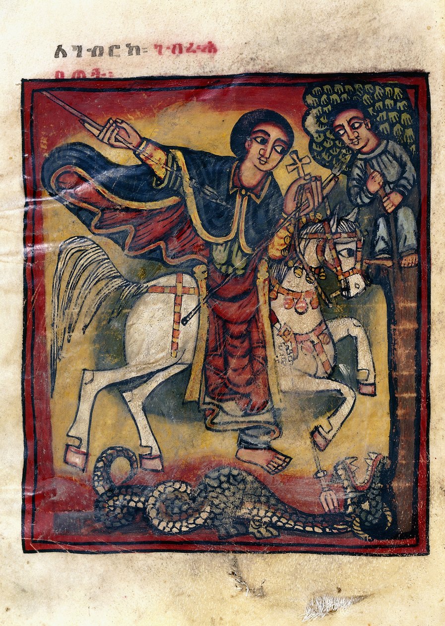 St. George on his White Horse Killing the Dragon by Ethiopian School