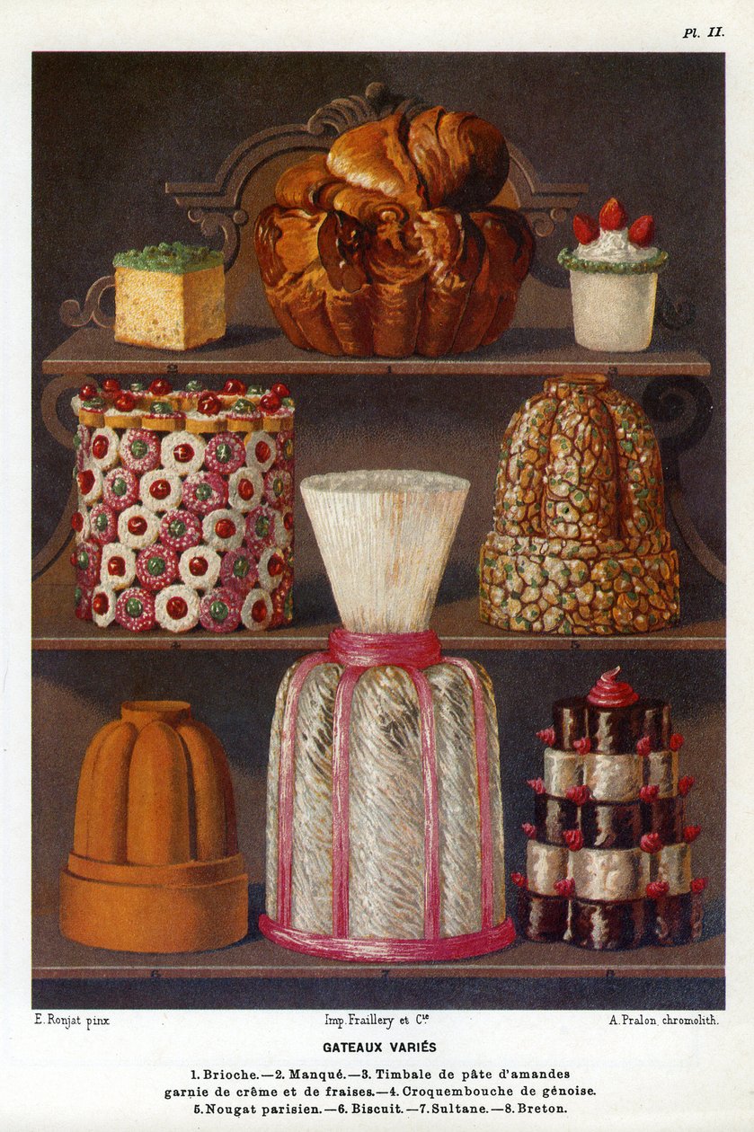 Cakes vary: brioche, lack, timpani of almond paste topped with cream and strawberries, croquenbouche de genoise, Parisian nougat, biscuit, sultane, Breton - Plate No. 2 from the Patisserie Book by Jules Gouffe, officer de bouche du Jockey-Club de Paris by Etienne (after) Ronjat