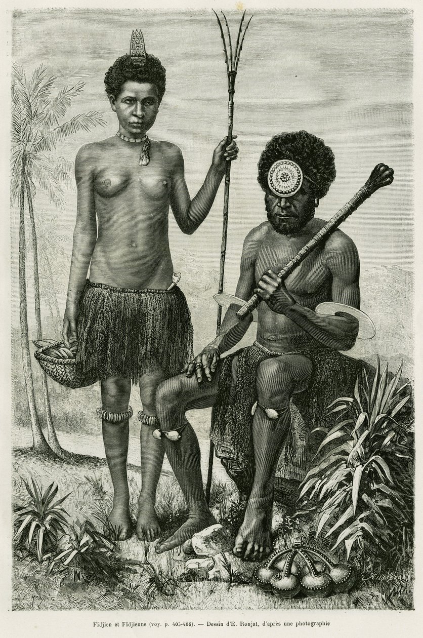 Fijian couple. Engraving by E.Ronjat to illustrate the story 