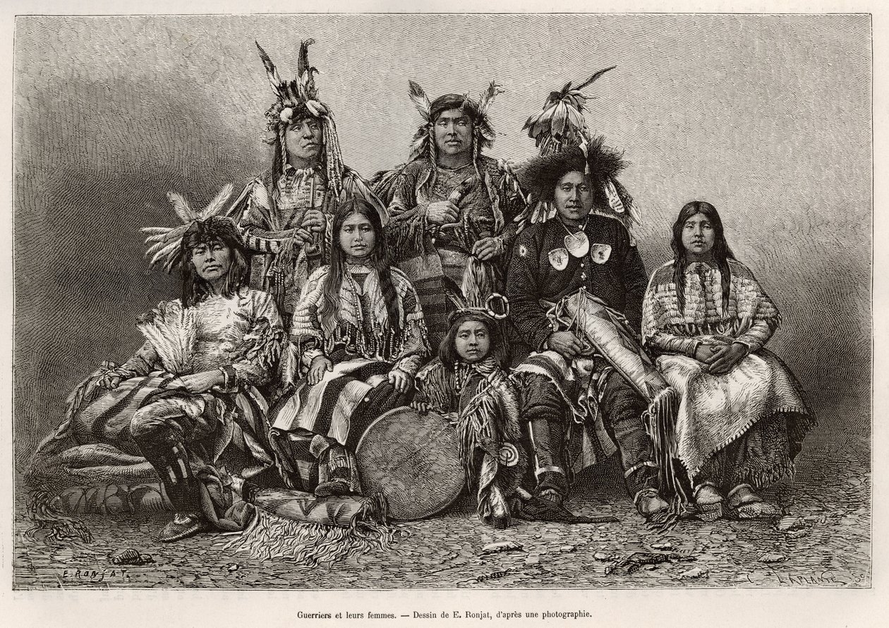 Indian warriors and their wives (Texas). Engraving illustrating 