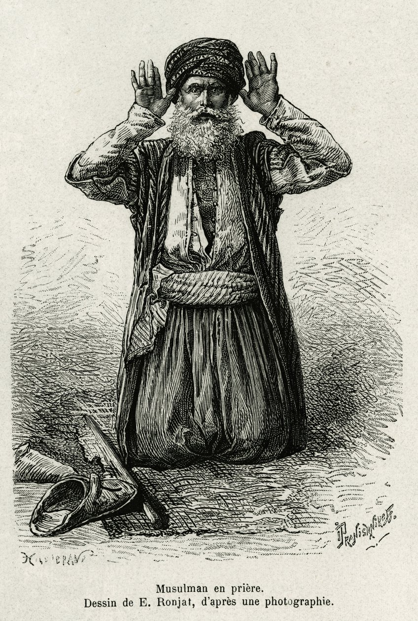 Muslim prayers. Engraving by E.Ronjat, to illustrate La Syria d