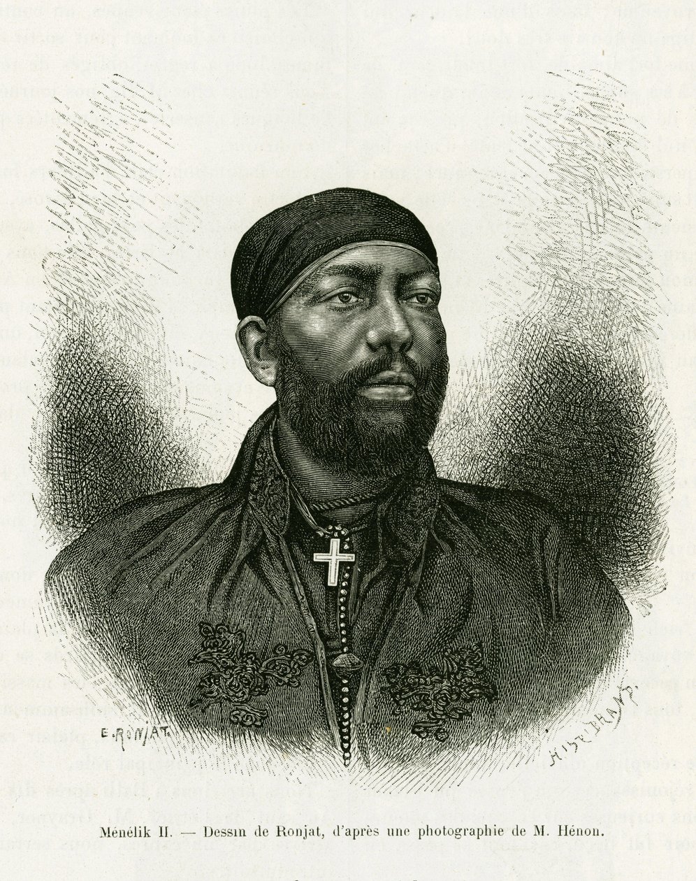 Portrait of Prince Menelik II of Ethiopia (1844-1913). Engraving by Ronjat, after a photograph, to illustrate the story 