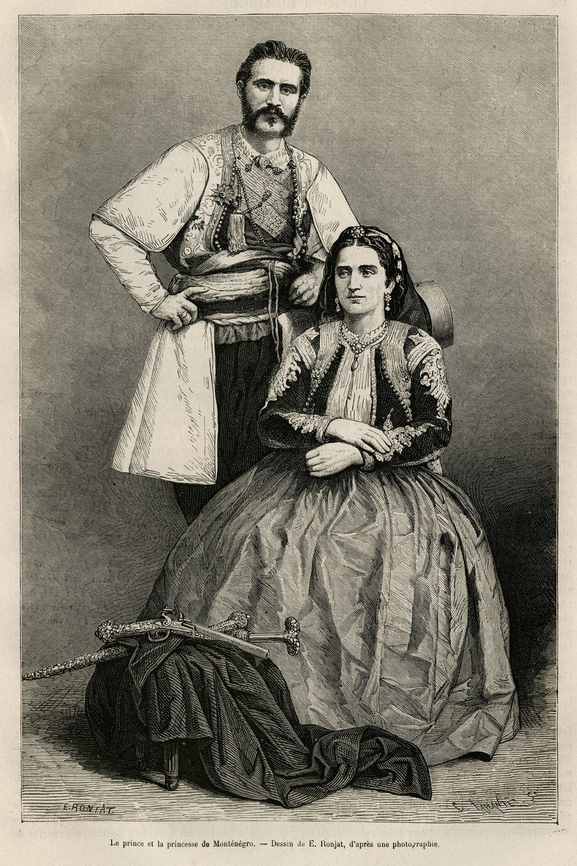 Portraits of the Prince of Montenegro Nicholas I Petrovicz Niegosch and his wife, Milena. Drawing by E. Ronjat, to illustrate the journey to Montenegro, in 1874, by Charles Yriarte. Engraving in Le tour du monde by Etienne Antoine Eugene Ronjat