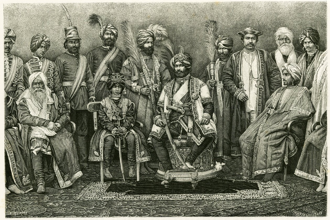 The Kashmir maharajah, Rambhir Sing and his court. Engraving by E. Ronjat, to illustrate the story 