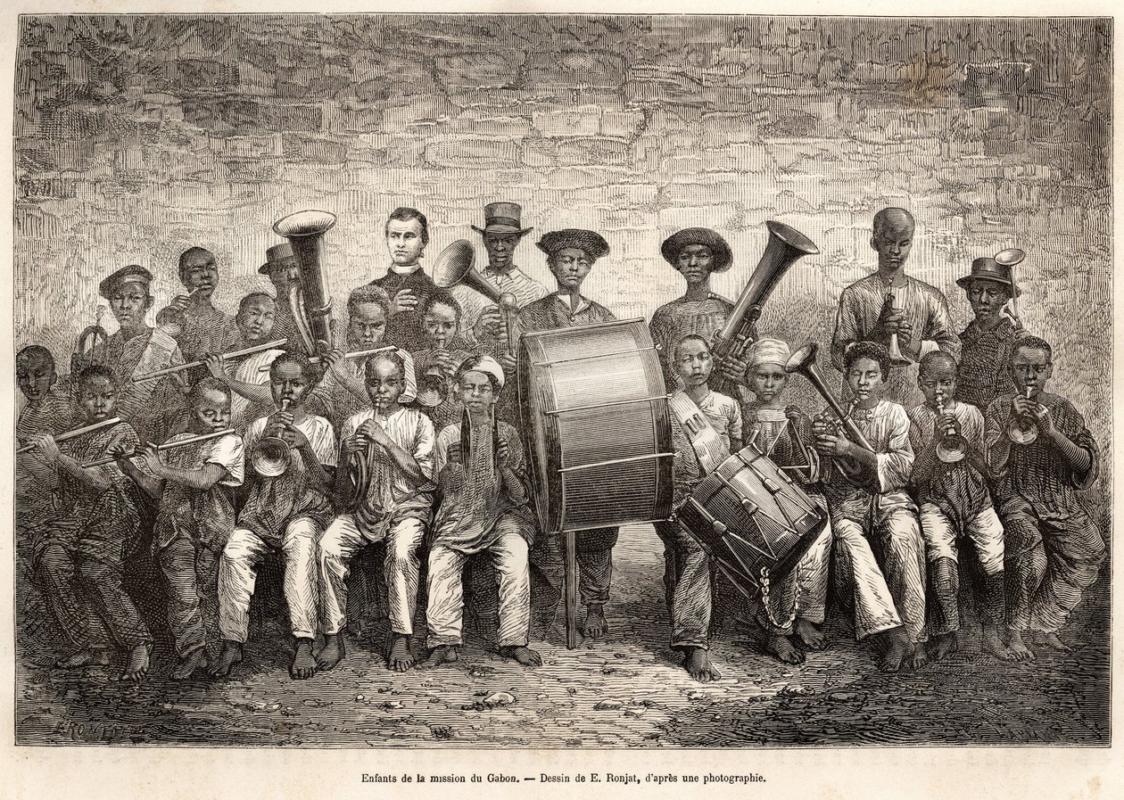 The band of the children of the Gabon mission. Engraving after the drawing of E.Ronjat, to illustrate the cruise on the coast of Africa, by Vice Admiral Fleuriot de Langle, in 1868, published in Le tour du monde 1876, edited by Edouard Charton by Etienne Antoine Eugene Ronjat