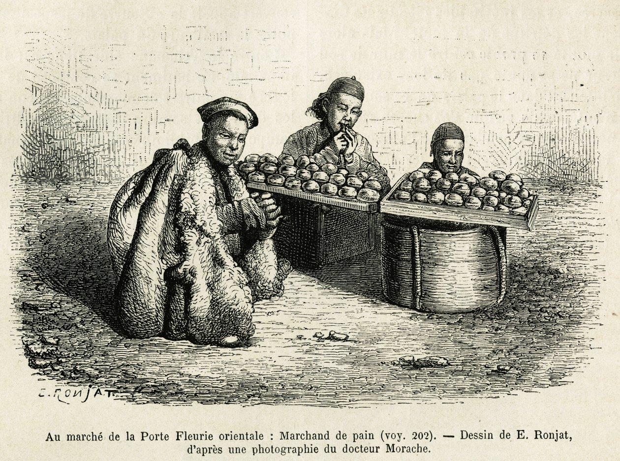 The bread merchant, at the foot of the Oriental Flower Gate of the Imperial Palace in Pekin (engraving after the drawing of E. Ronjat, to illustrate the journey to Pekin and North China by T. Choutze, 1873, published in 