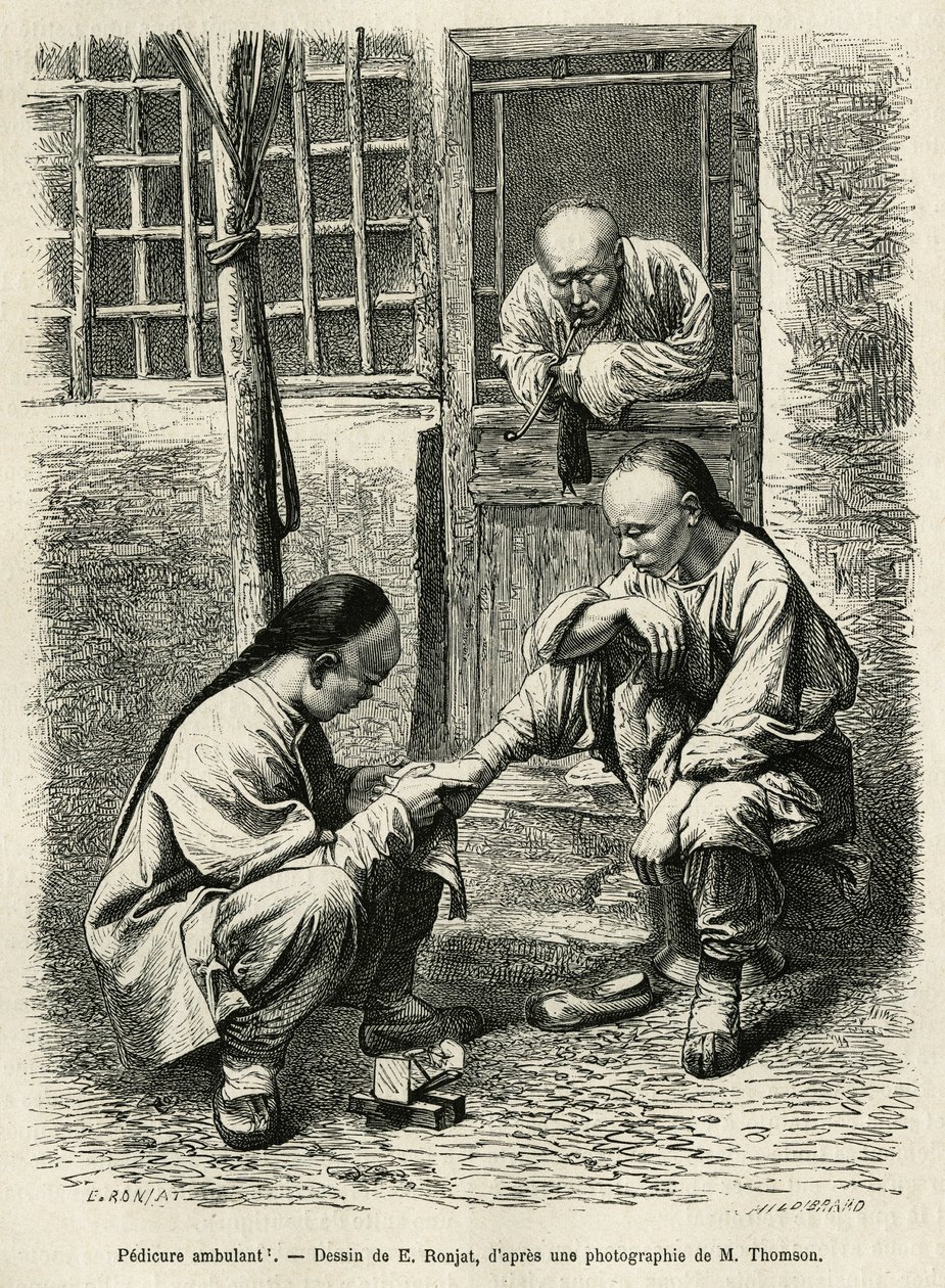The walking pedicure, a common scene of everyday life in Chinese cities. Engraving after the drawing of E.Ronjat, to illustrate the journey to Pekin and North China, by T.Choutze, in 1873, published in Le tour du monde 1876, edited by Edouard Charton by Etienne Antoine Eugene Ronjat