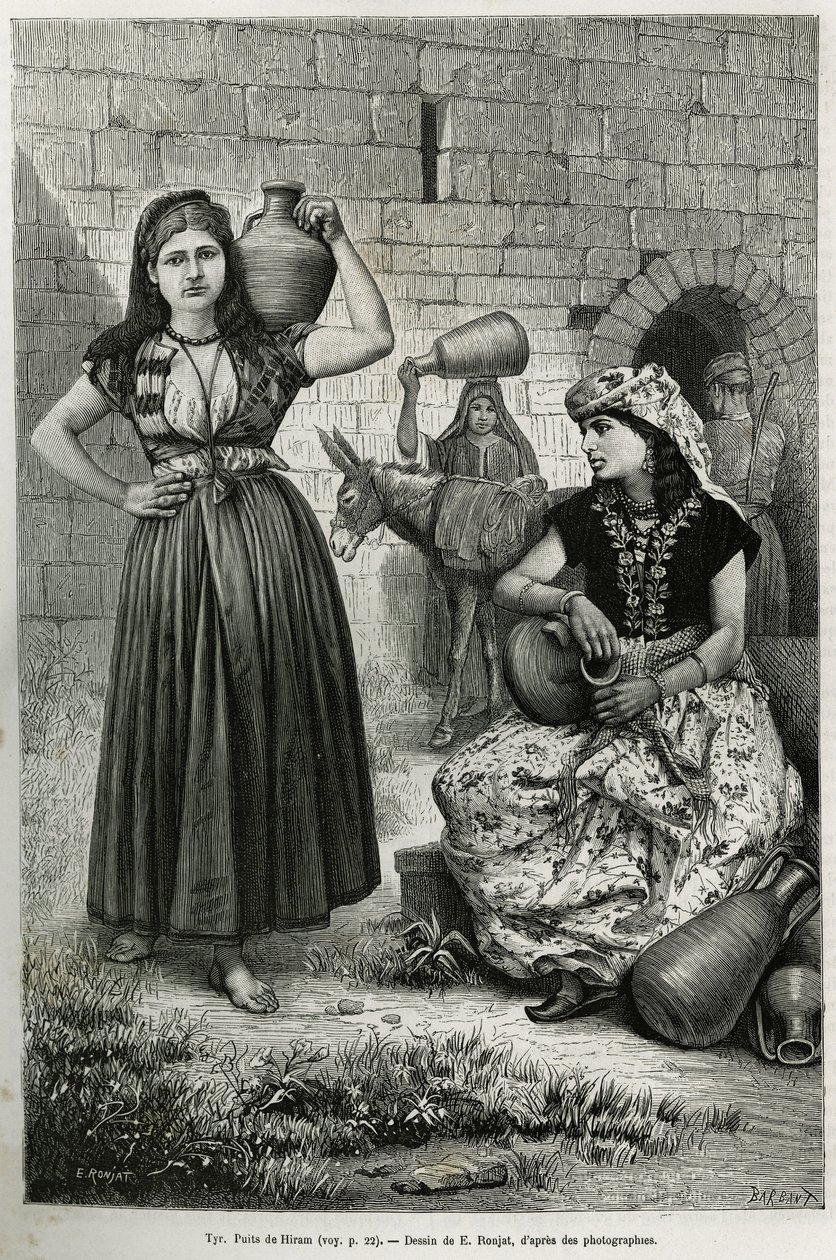 Women carrying jugs, near the well of Hiram in Tyre. Engraving by E.Ronjat, to illustrate the story La Syria d