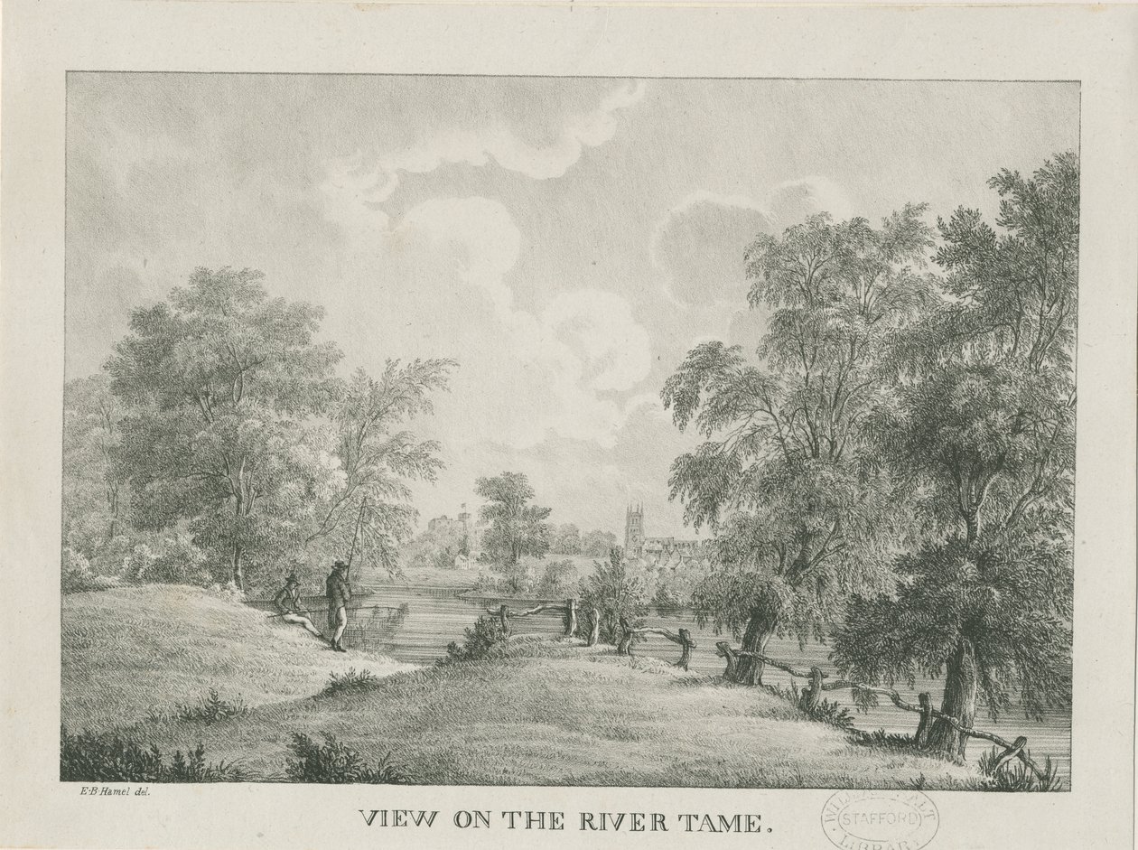 Tamworth - The River Tame: lithograph by Etienne Bruno Hamel