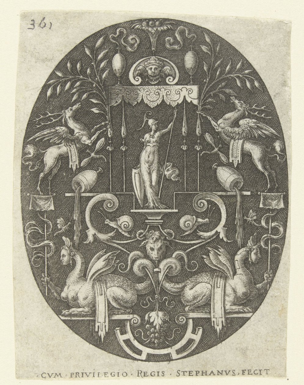Bellona under a canopy (Ovals with gods, surrounded by grotesques series) by Etienne Delaune