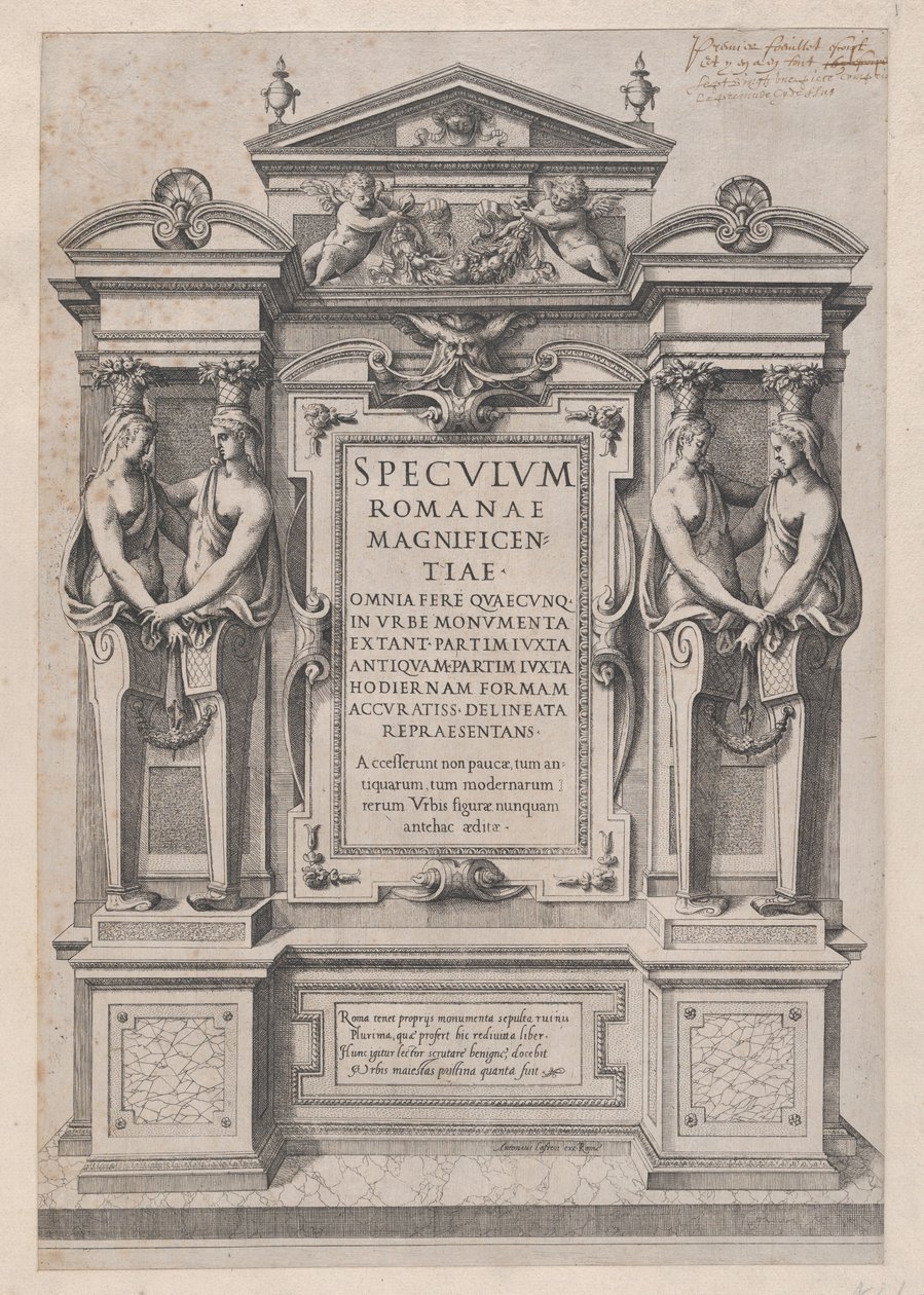 Speculum Romanae Magnificentiae: Title Page engraved within architectonic and sculptural elements, 1573-77 by Etienne Duperac