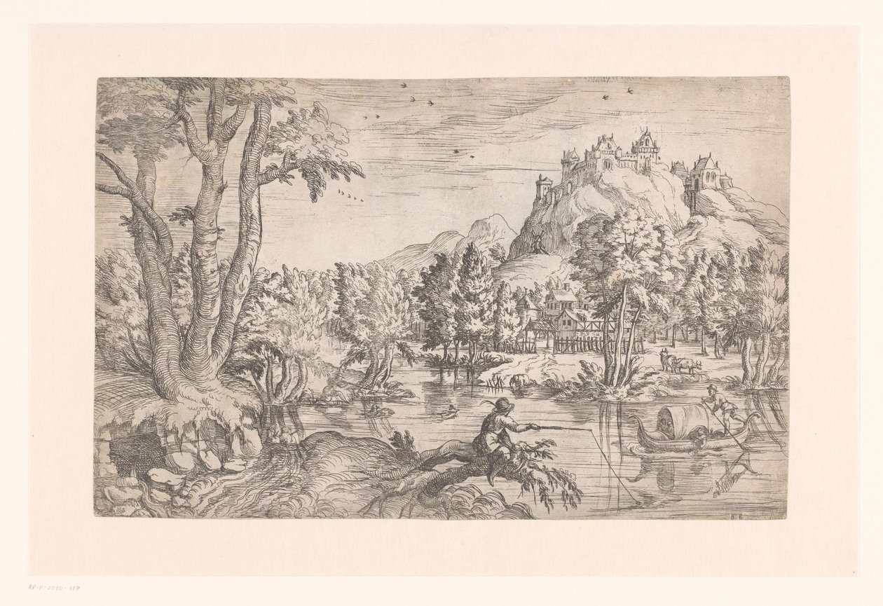 Landscape with Fisherman and Castle on Hilltop by Etienne Dupérac (attributed to)