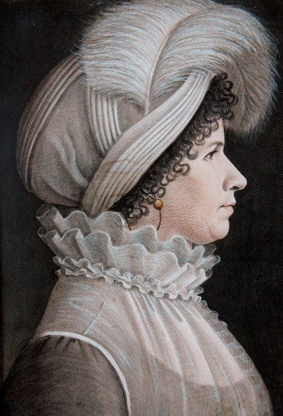 Portrait of a woman wearing a hat decorated with a feather by Etienne Esperance Bouchardy