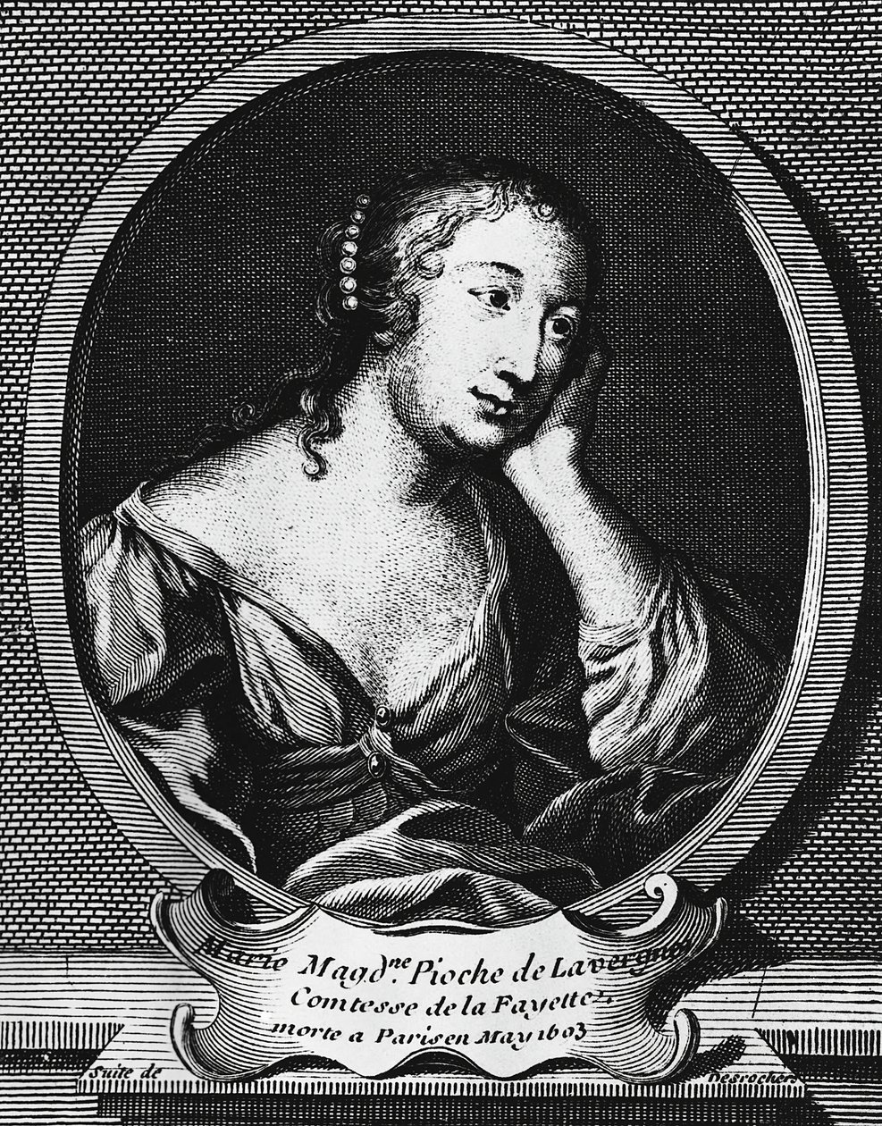 Medallion portrait of Marie-Madeleine Pioche de La Vergne, comtesse de La Fayette, engraving by Etienne Jehandier Desrochers by Etienne Jehandier Desrochers