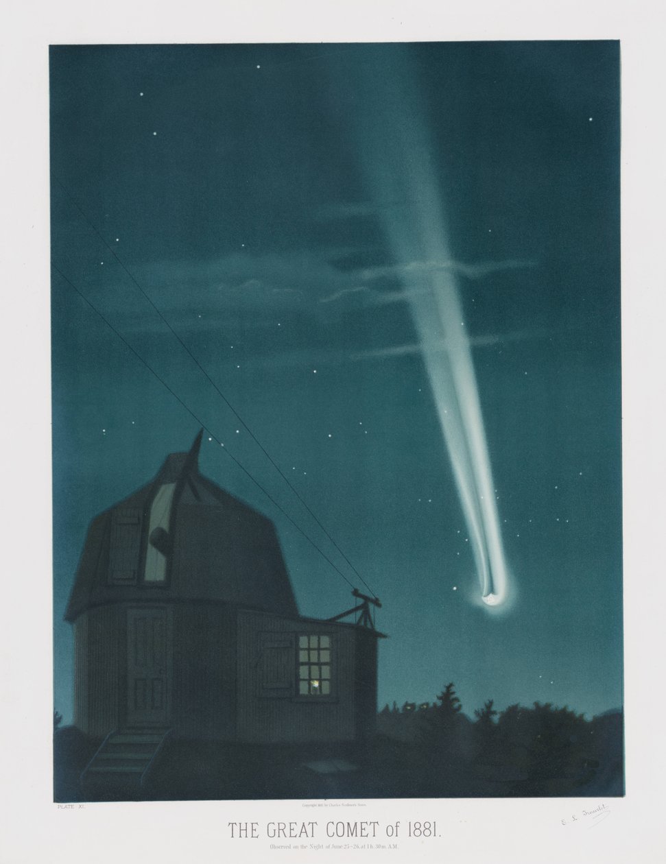 The Great Comet of 1881, Observed on the Night of June 25-26, at 1:30 AM, from The Trouvelot Astronomical Drawings 1881, pub. 1881 by Étienne Léopold Trouvelot
