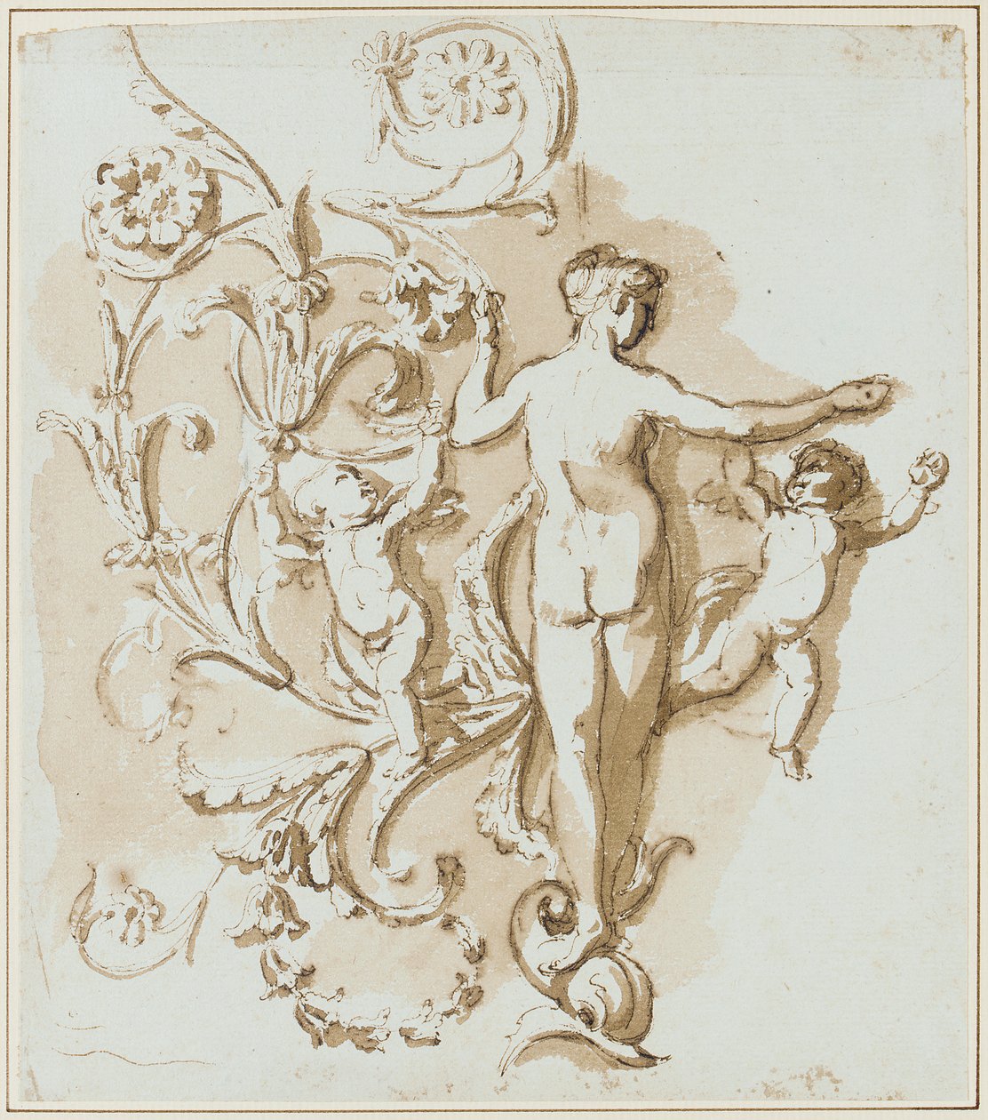 Female Nude Seen from Behind, with Two Putti, Among Acanthus-Leaf Decoration by Etienne de Lavallee Poussin