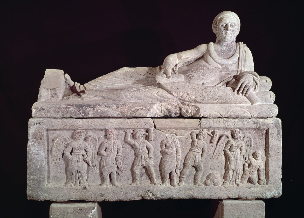 Sarcophagus of the magistrate Laris Pulena with a scroll unrolled before him, late 3rd century BC by Etruscan