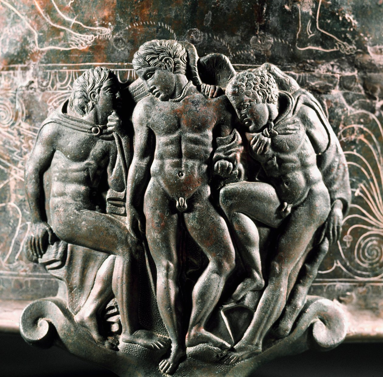 Detail of the bronze Ficoroni Cistus representing Hercules, Iolaos, and Eros by Etruscan