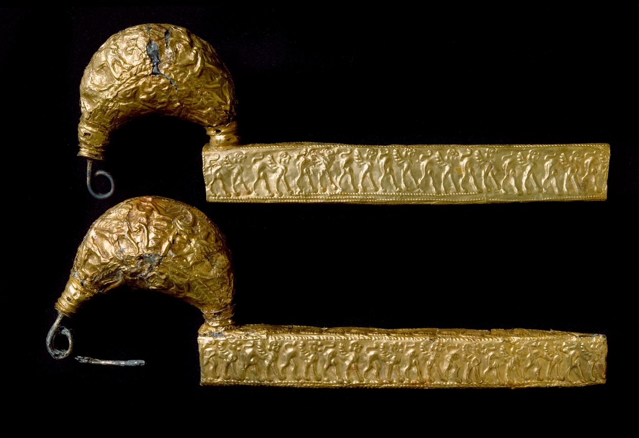 Etruscan art: fibules (pins) in gold. 630 BC. From the tomb of the Licteur (Littore) a Vetulonia (or Vetulonium). Dim. 21 cm Florence, Museo Archeologico by Etruscan