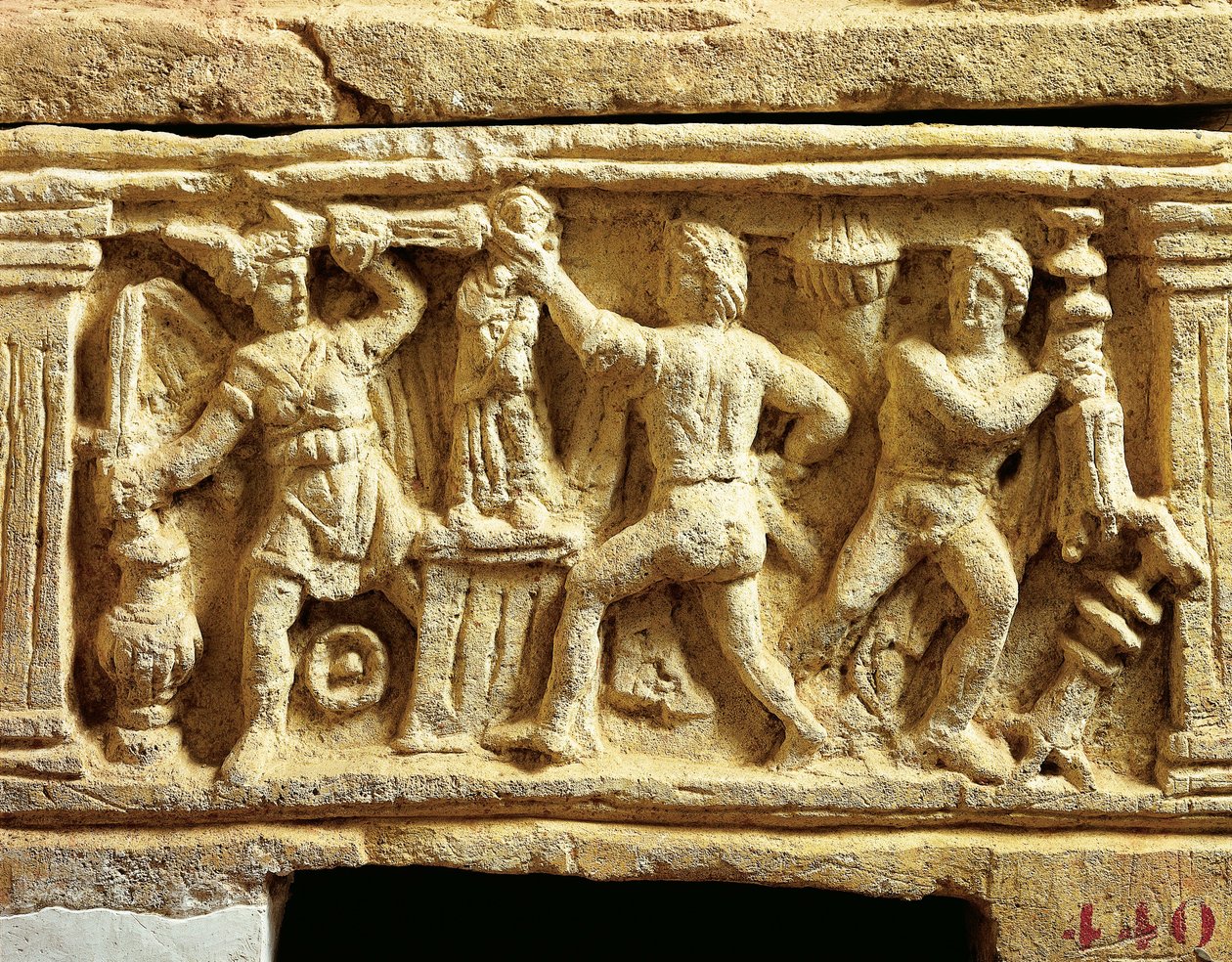 Tufa urn with scenes of Gauls plundering temples, Etruscan civilization by Etruscan