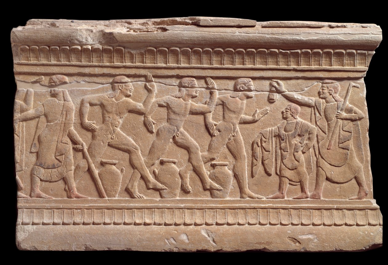 Relief with a race of athletes from a marble milestone of Chiusi, Italy, 6th Century BC by Etruscan