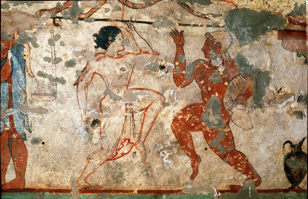 Ritual dance, young woman wearing a transparent tunic and young man naked (detail) by Etruscan