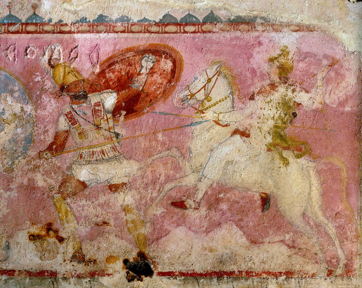 Sarcophagus of the Amazons with painted battle scene, white limestone, from Tarquinia, Latium region, Italy (detail) by Etruscan