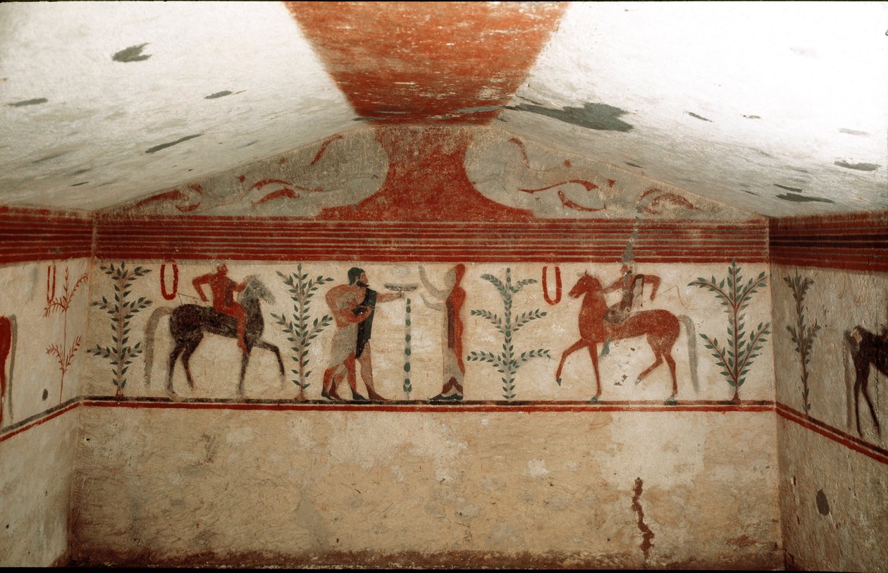 Two Horsemen, a Woman and a Bearded Man Presenting a Cup (Detail) by Etruscan