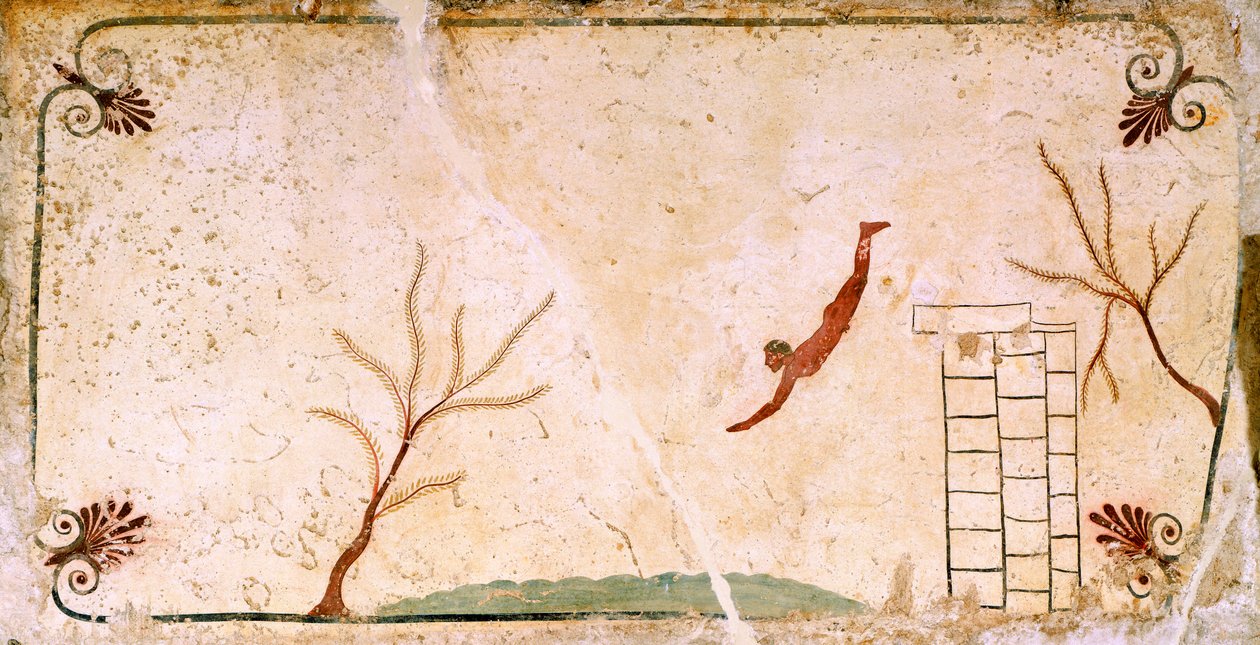 Diver, circa 480-490 BC, decorative fresco from cover slab of Tomb of Diver at Paestum, Campania, Italy, 5th Century BC by Etruscan