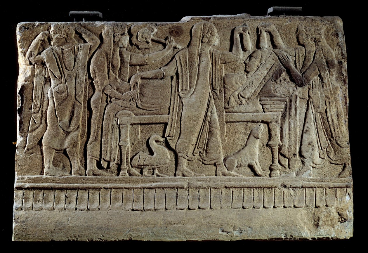 Etruscan antiquity: Plaque of funerary cippe. Exhibition of the deceased on her funeral bed. Paris, Musee Du Louvre by Etruscan Etruscan