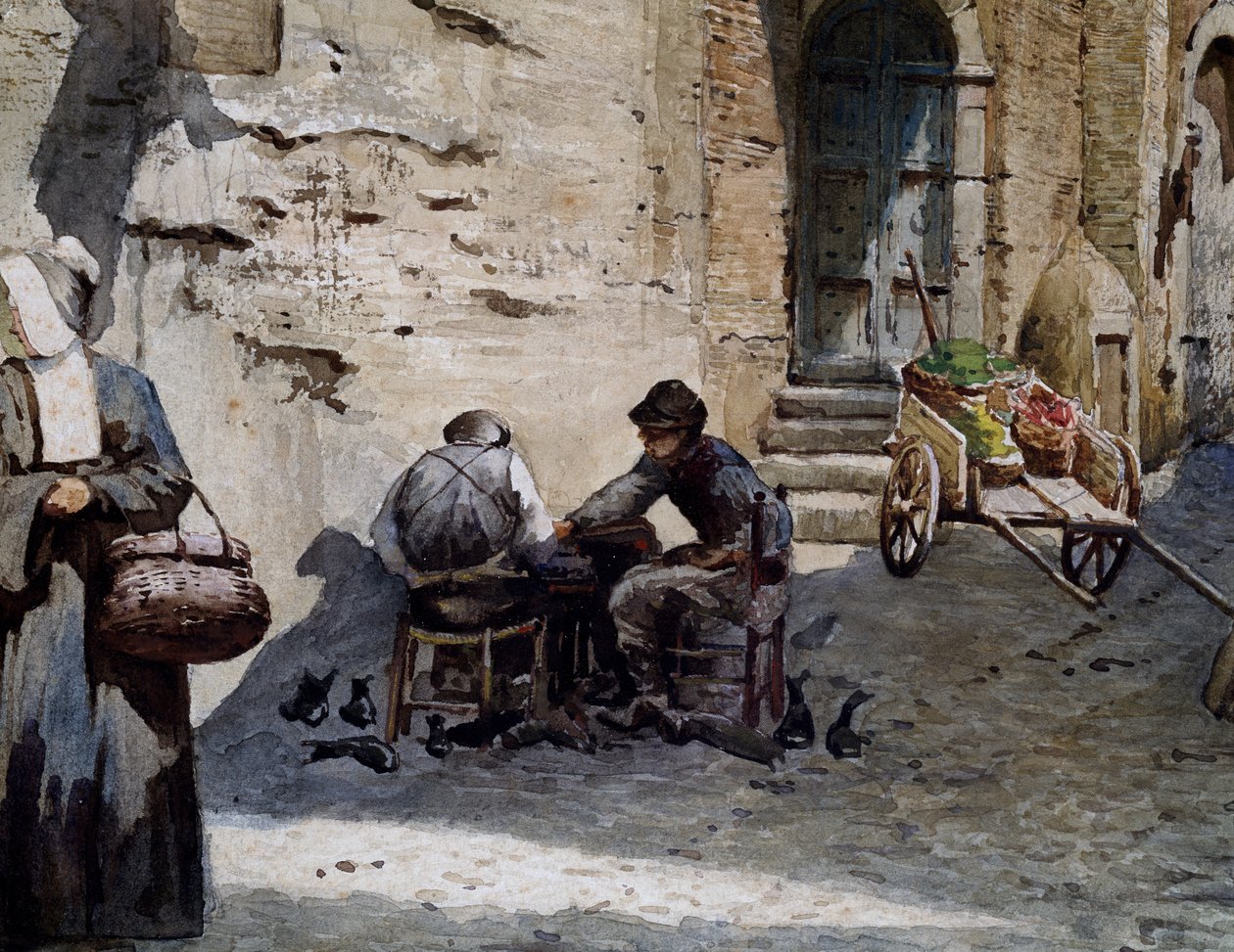 Old Medieval houses on Lungaretta, Detail, from Vanished Rome series by Ettore Roesler Franz