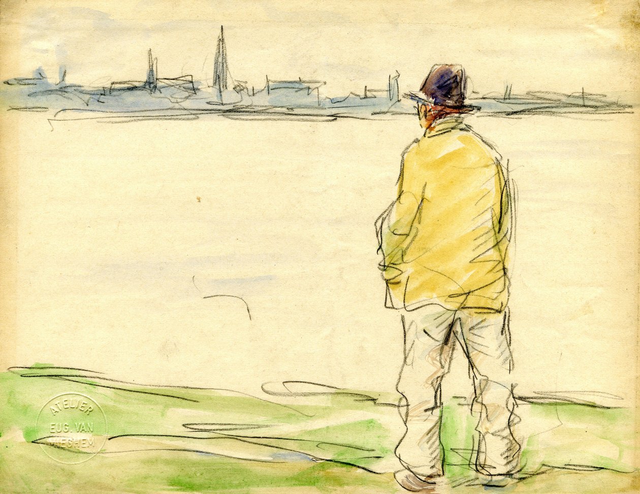 Man Looking at the Antwerp Waterfront by Eugeen van Mieghem