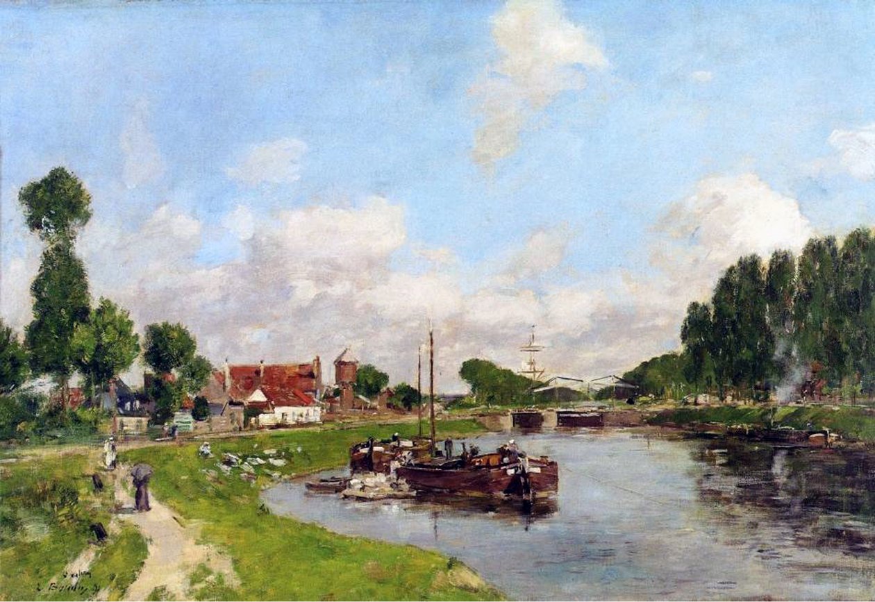 Barges on the canal at Saint-Valery-sur-Somme by Eugene Louis Boudin