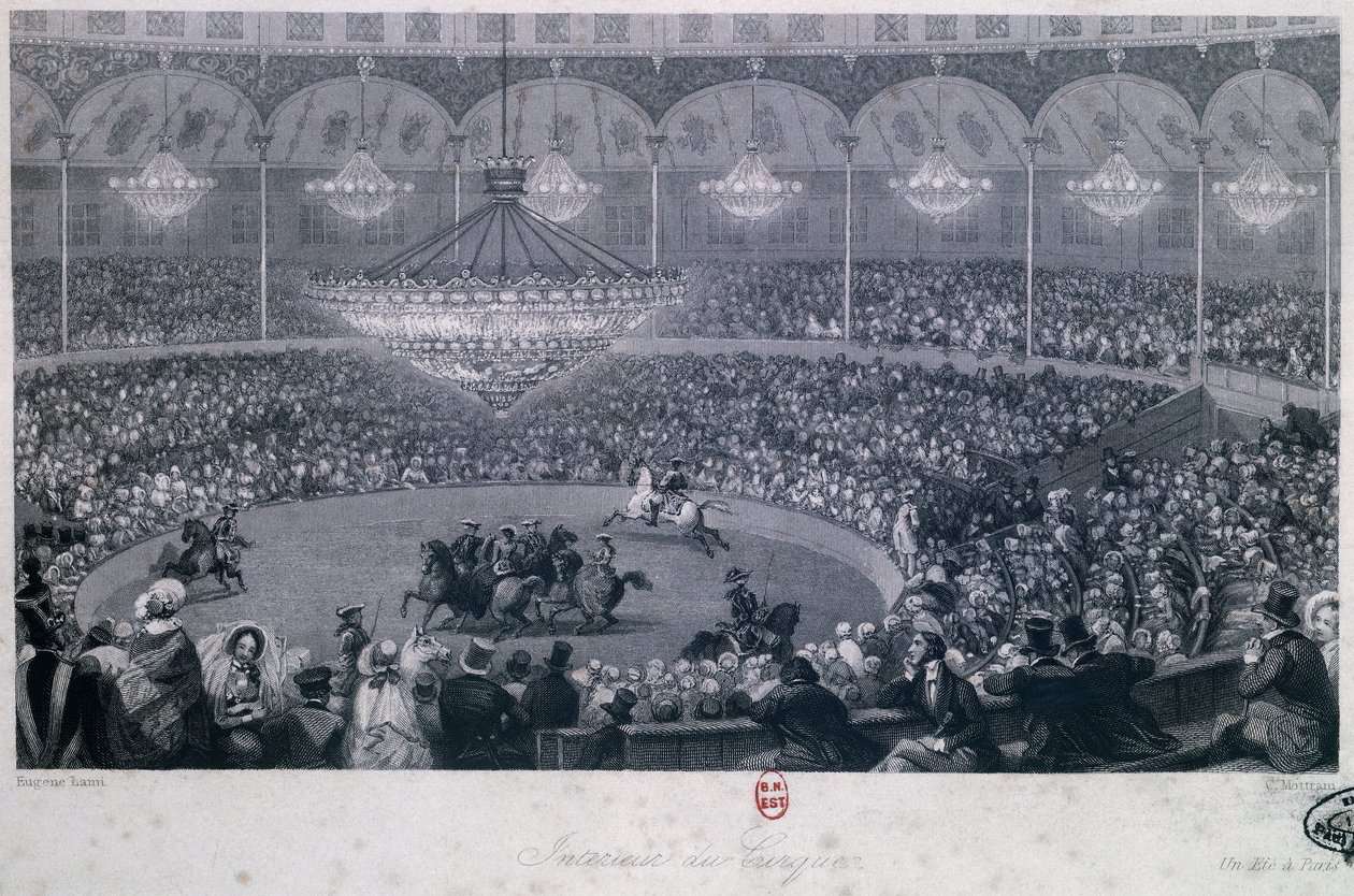 Horse show at Franconi circus, Champs Elysees, Paris, engraved by Charles Mottram taken from Summer and Winter in Paris by Eugene Louis Lami