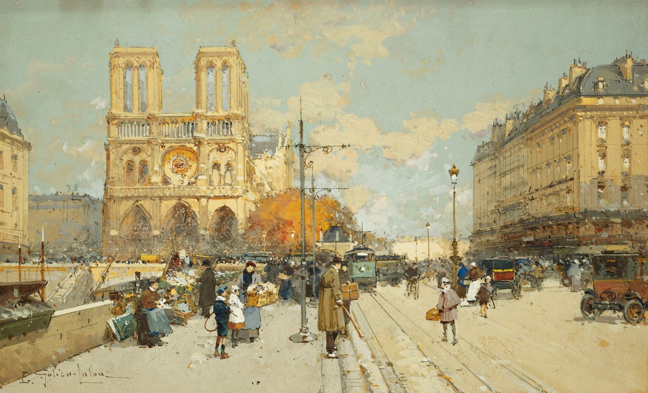 Figures on a Sunny Parisian Street, Notre Dame at Left by Eugene Galien Laloue