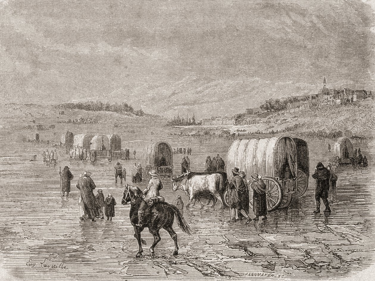 A Wagon Train Heading West in the 1860s, engraved by Stephane Pannemaker by Eugene Antoine Samuel Lavieille