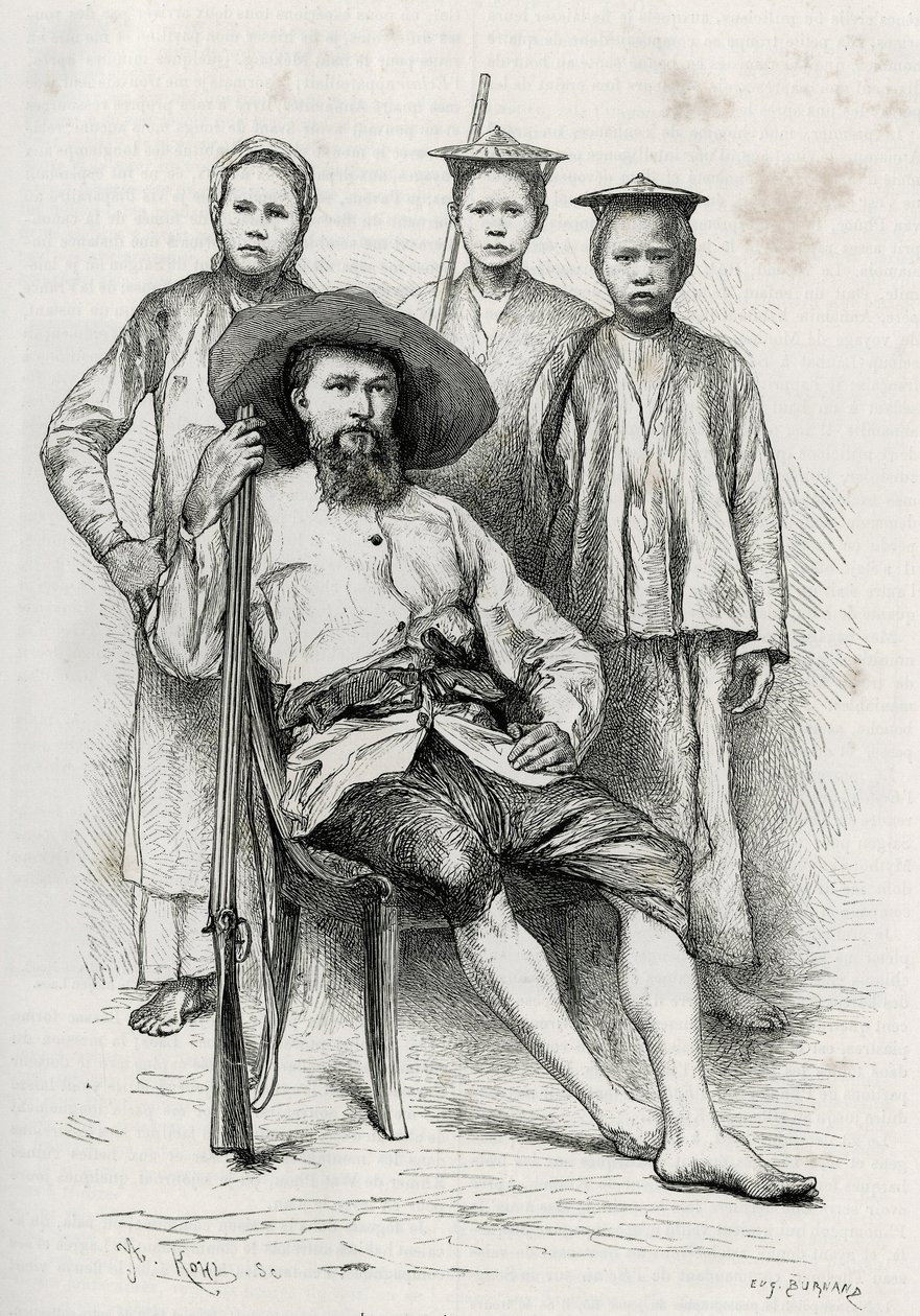 Portrait of the author, surrounds his travelling companions. Engraving by Eugene Burnand, to illustrate the story “Journey in Upper Laos”, in 1880, by Dr. P.Neis. Published in Le Tour du monde, nouveau journal des voyages, 2nd semester 1885, edited by Edou by Eugene Burnand