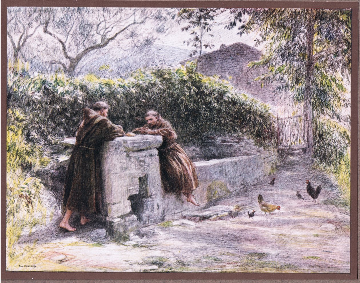 The repast of St Francis and Friar Masseo at the fountain. St Francis praises poverty by Eugene Burnand
