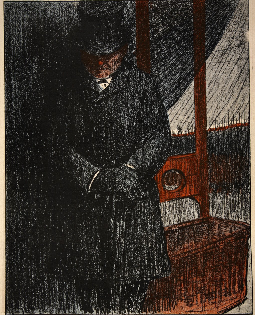 An undertaker awaits his next victim by the guillotine, illustration from 