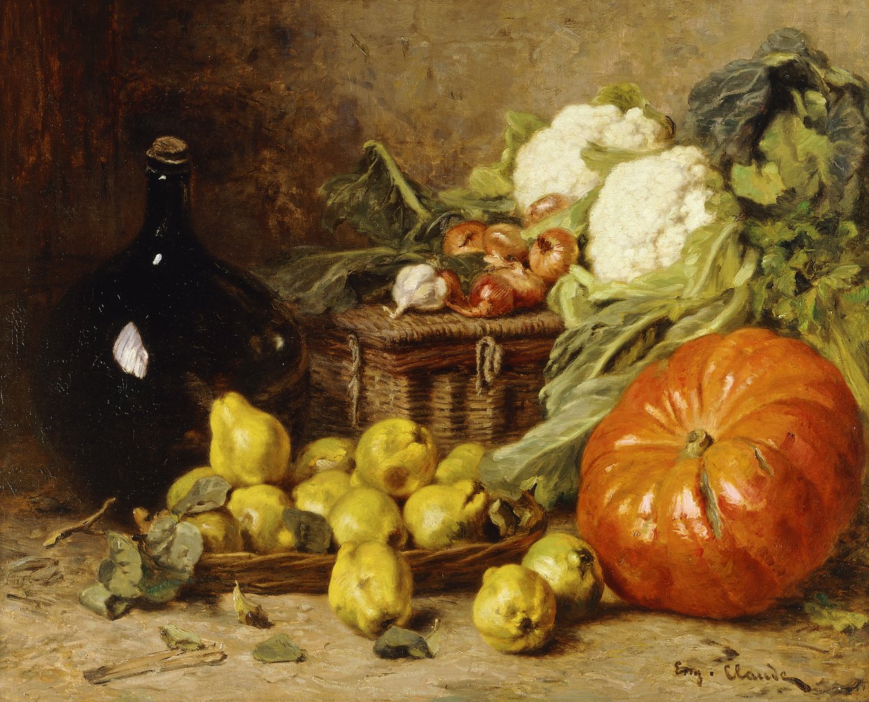 A Still Life with a Wine Flagon, a Basket, Pears, Onions, Cauliflowers, Cabbages, Garlic and a Pumpkin by Eugene Claude