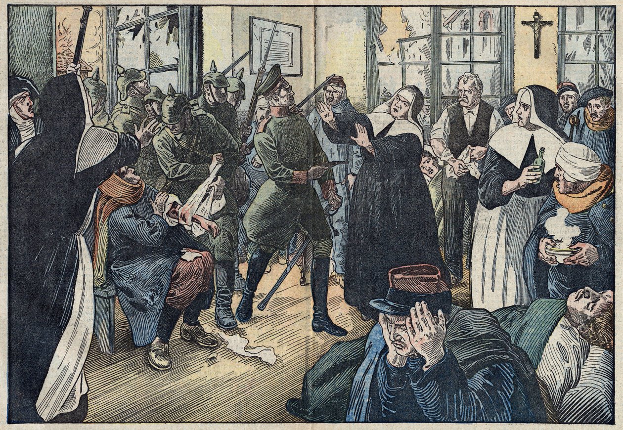 1914, First World War: Amelie Rigard, known as Sister Julie, defends the wounded of her hospital against German soldiers by Eugene Damblans