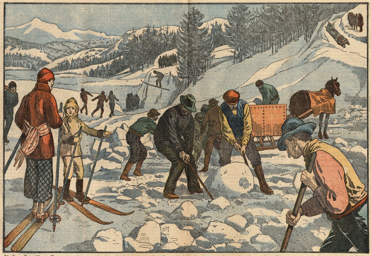 Alpine inhabitants collect ice blocks in winter for the summer. In the background, men practice winter sports. Illustration of Damblans. In Le Pelerin of December 18 by Eugene Damblans