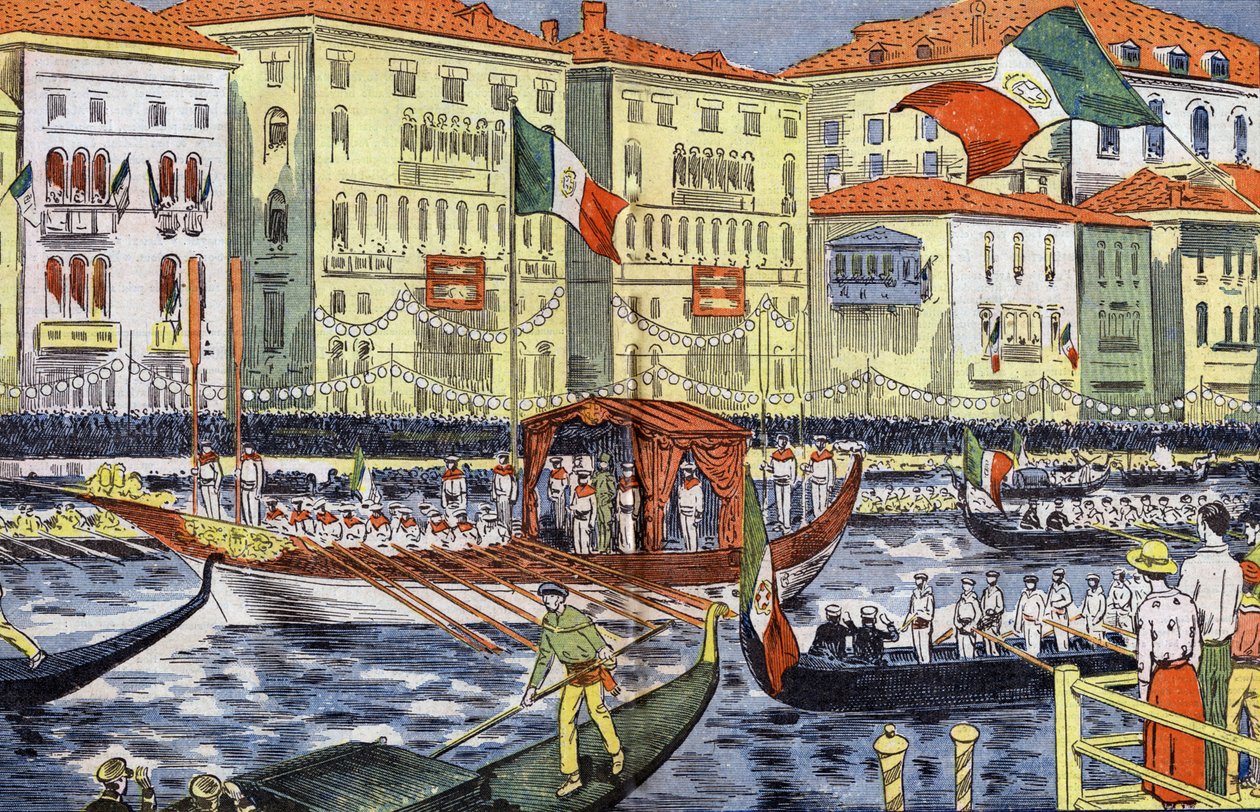 Celebration in Venice in honour of prince and princess of Piemont, drawing by Damblans from paper "Le Pelerin" September 25 by Eugene Damblans