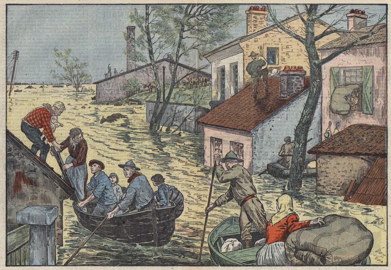 Floods in Louisiana (USA): Farmers and Trappers Forced to Abandon Their Homes and Fields. Illustration of Damblans. In Le Pelerin of May 15 by Eugene Damblans