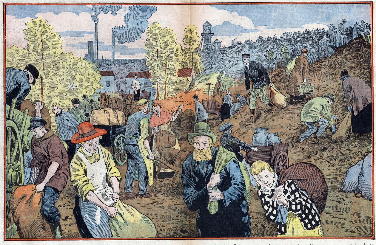 Hunters search for pieces of coal among the stones extracted from the mines to heat themselves during the winter. Ruhr Region, Germany. Illustration of Damblans. In 