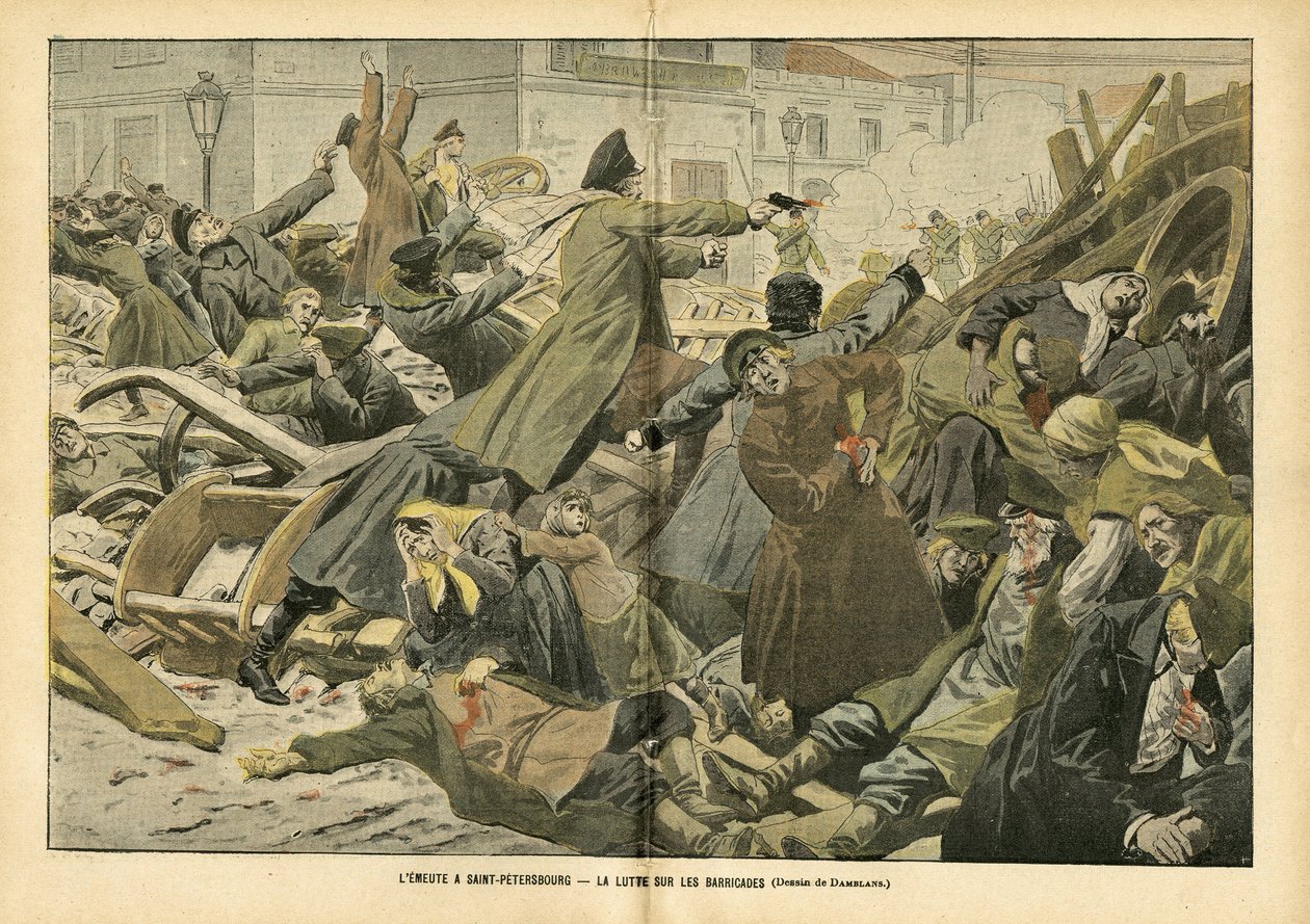 Illustration by Eugene Damblans in Le Pelerin, 05/02/05 - The struggle on the barricades in Saint Petersburg by Eugene Damblans