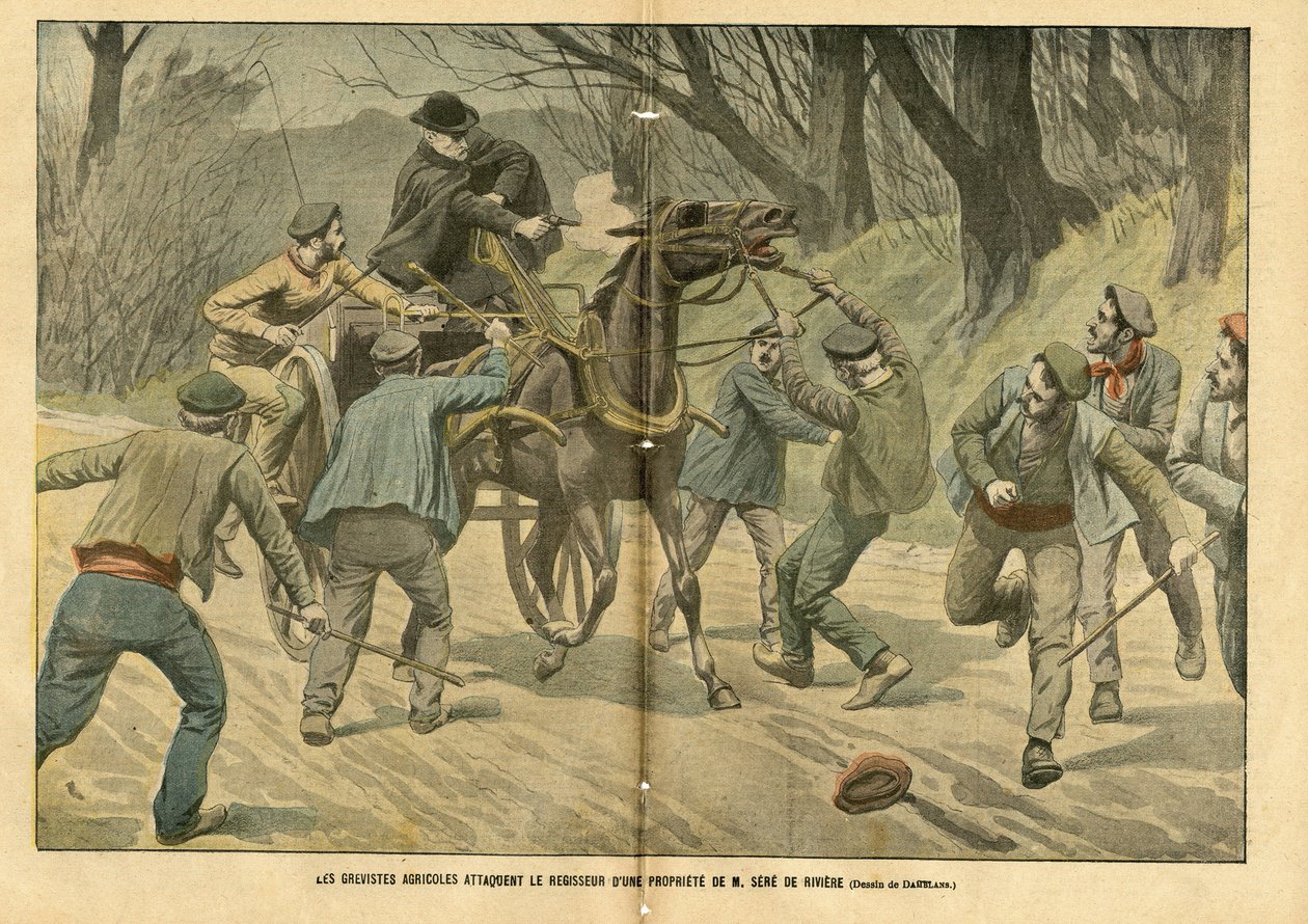 Illustration by Eugene Damblans (1865-1945) in Le Pelerin, 31/01/04 - Agricultural Strikers Attack the Regisseur of a Property of M. Sere de Riviere by Eugene Damblans